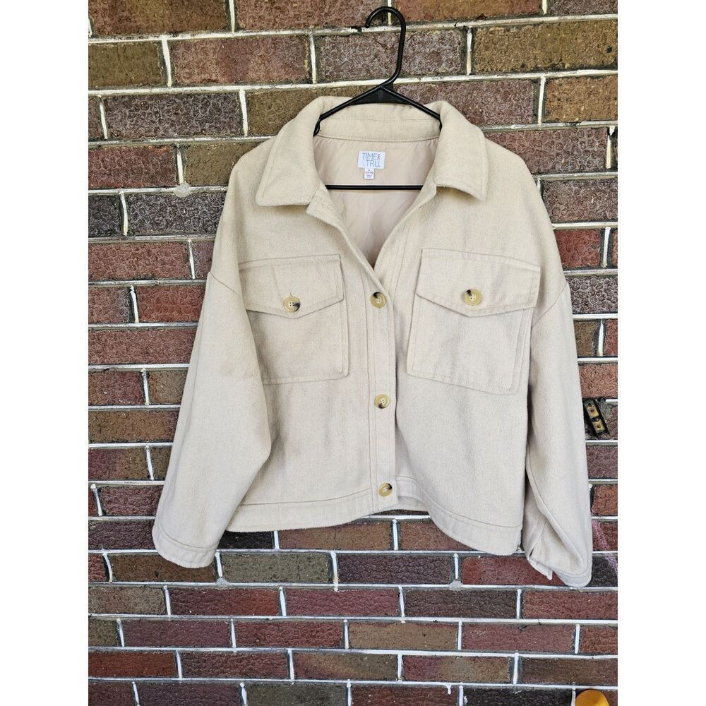 TIME AND TRU Womens Large Oversized Shacket Shirt Jacket Cream Button Wool Blend
